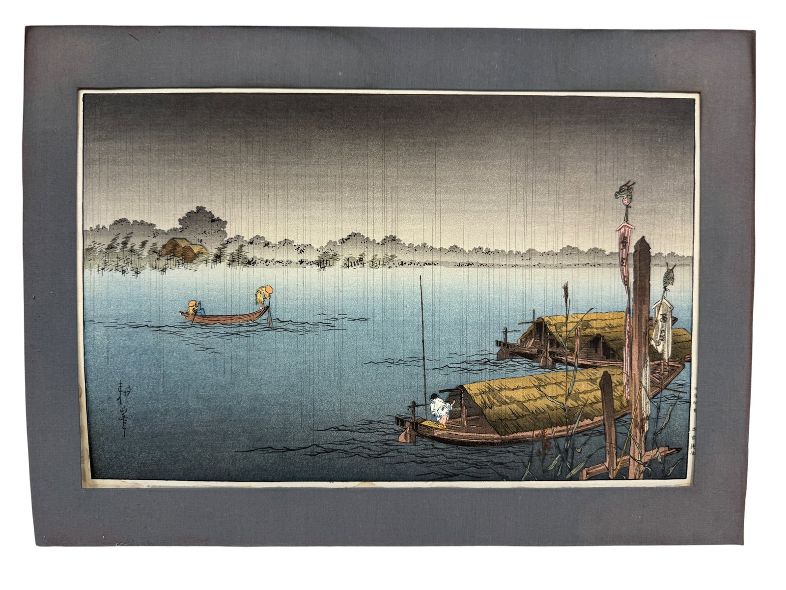 Koho Shoda "River Boats" Woodblock Print: Image Dimensions: 10.25" x 15.5" Mat Dimensions: 11.875" x 16.75" Artist: Koho Shoda (1877-1924) was a Japanese Nihonga painter, woodblock print artist, and Ky?ka poet of the Meiji and Taish? eras.