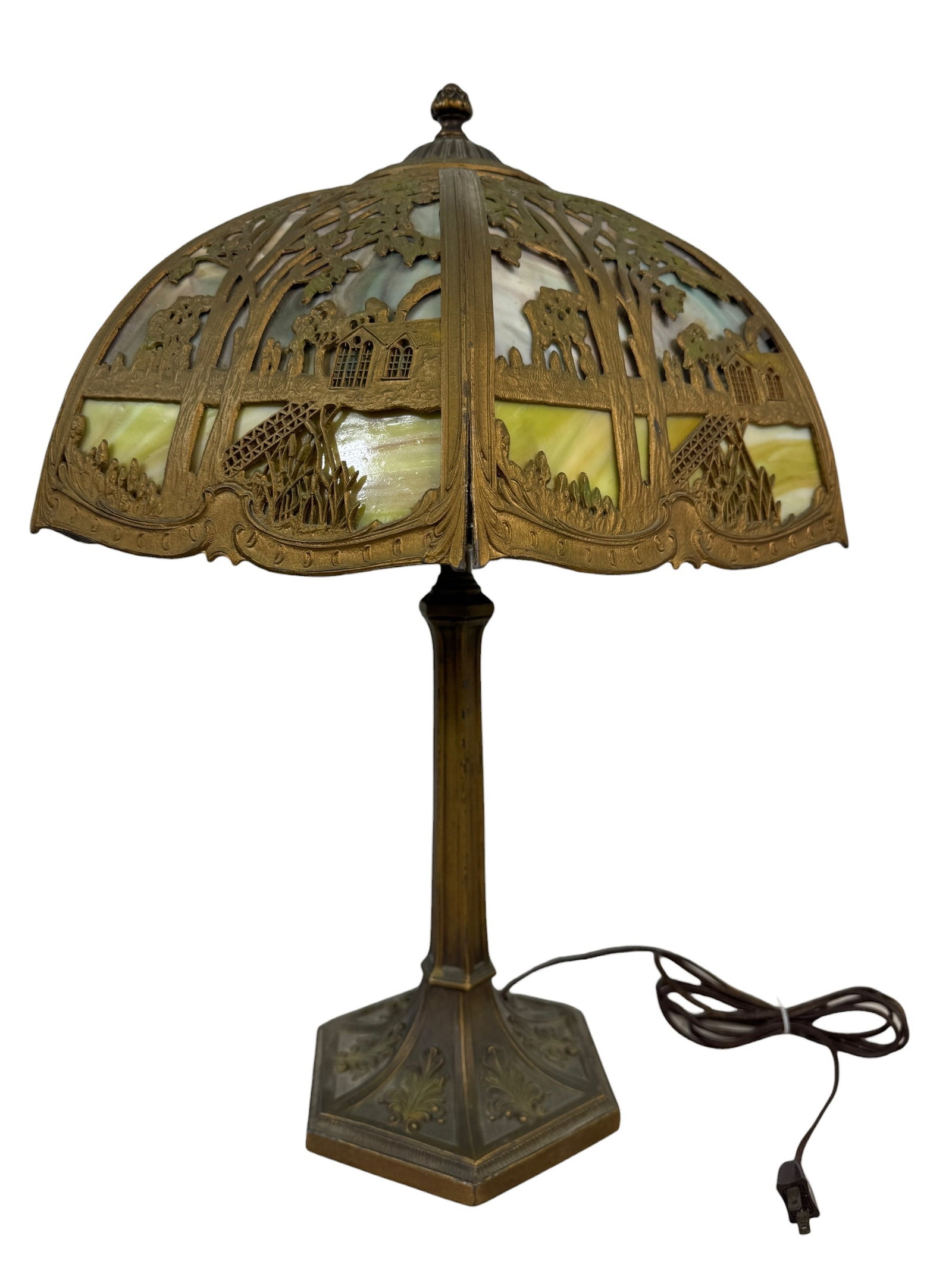 Antique Arts & Crafts Slag Glass Table Lamp: Tested, works. Measurements: Lamp Shade: 7.5" high x 17" diameter Lamp Base: 23.25" high x 8.25" width x 8.25" depth Photos are part of the description and should tell the whole story.