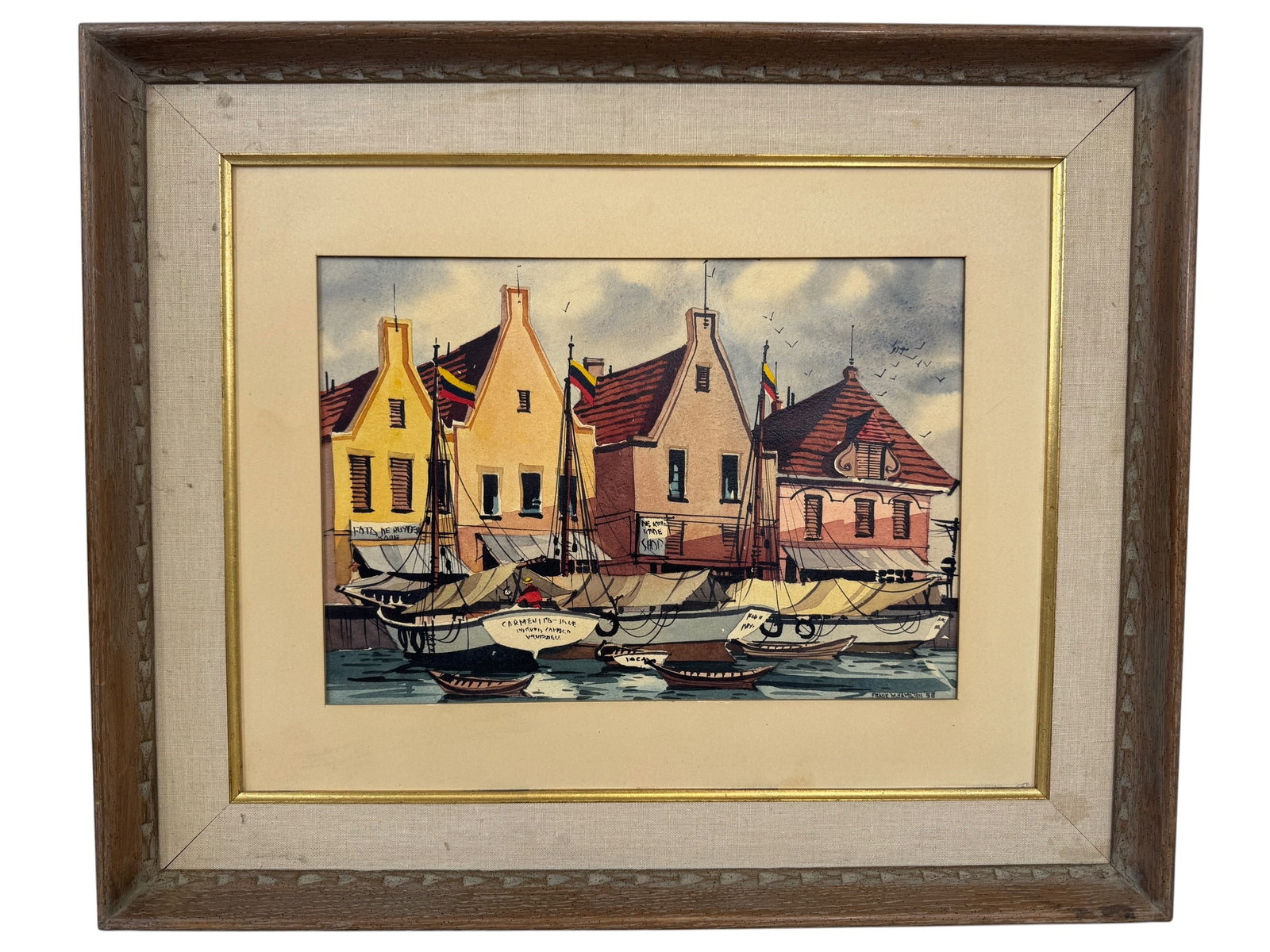 Frank Moss Hamilton "The Floating Market" Original Oil circa 1958: Image Dimensions: 14" x 18" Frame Dimensions: 19.5" x 23.5" Artist: Frank Moss Hamilton (1930-1999) was a noted watercolor painter in California, where he lived in Cambria. He was a teacher at the San