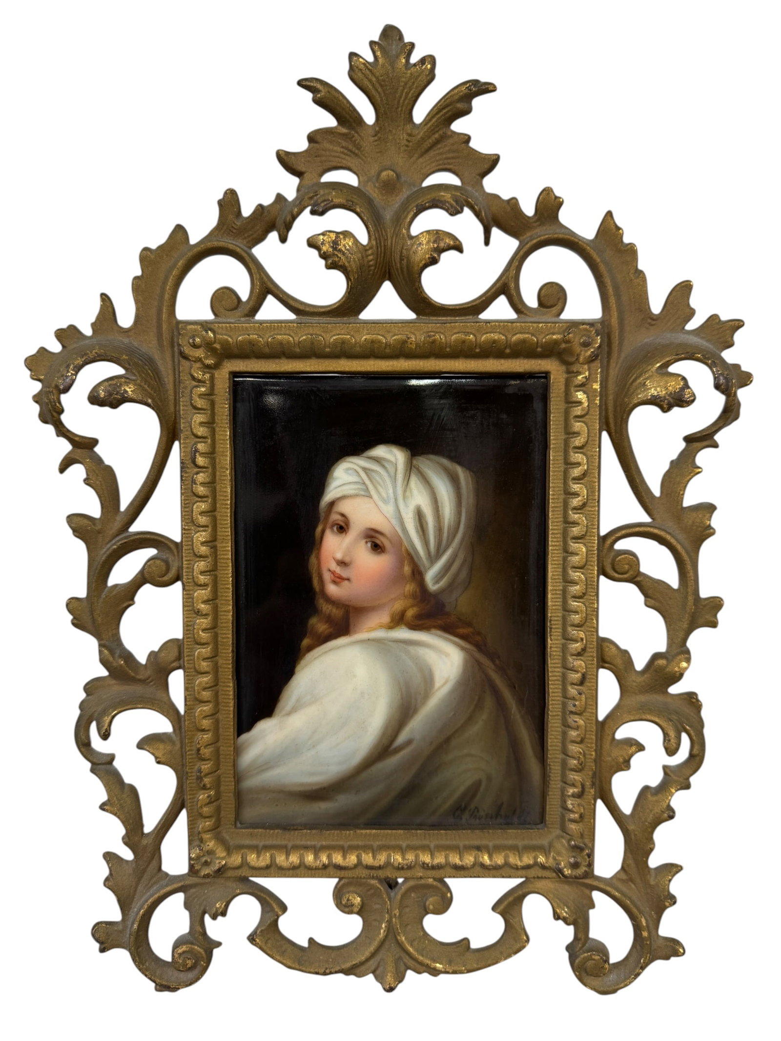 KPM Style "Portrait of Beatrice Cenci" Porcelain Plaque w/ Frame: Image Dimensions: 5.875" x 4.125" Frame Dimensions: 12" x 8" Photos are part of the description and should tell the whole story.