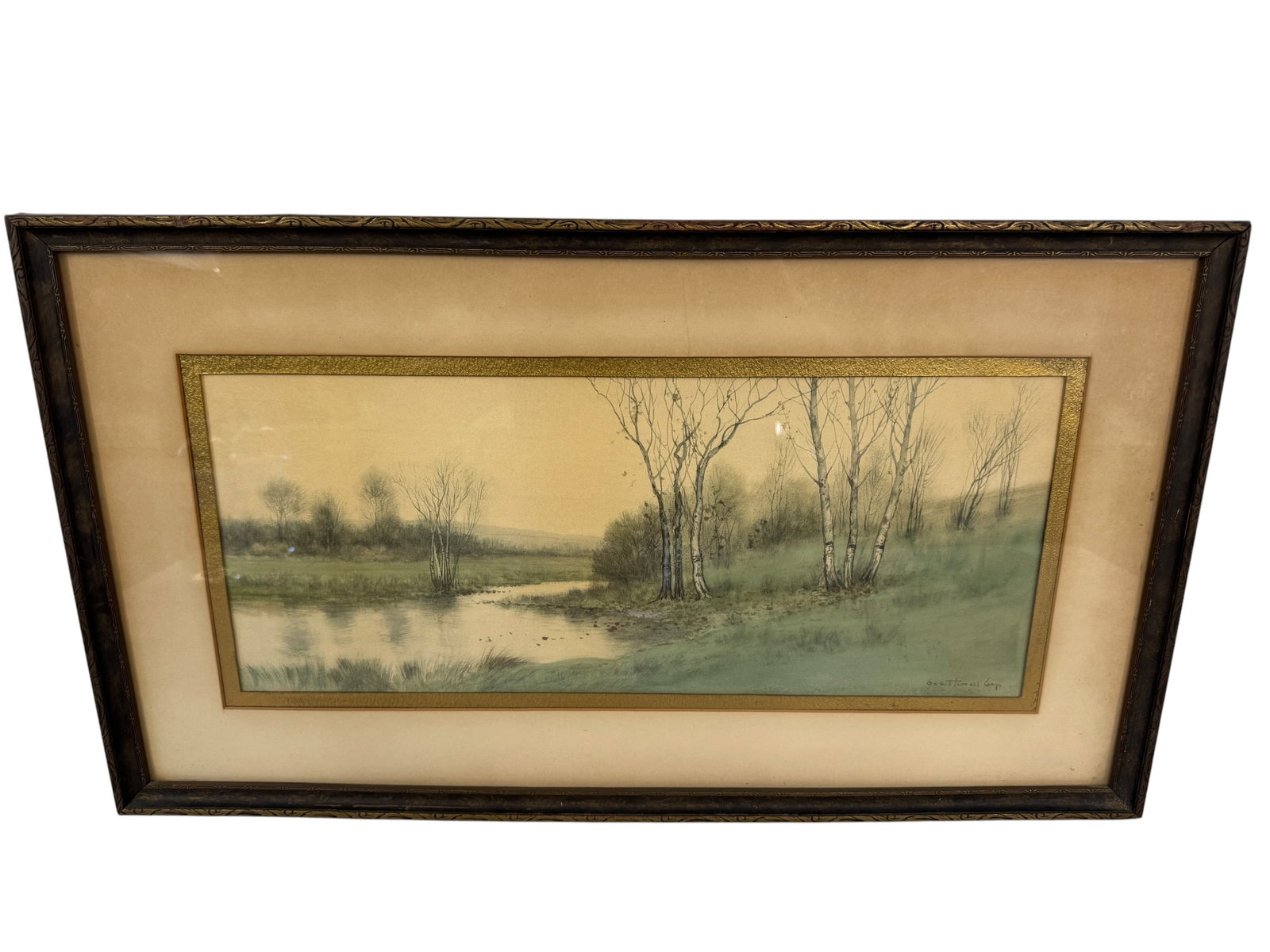 George Howell Gay Seascape Original Watercolor: Image Dimensions: 7.5" x 18.625" Frame Dimensions: 14.25" x 15.25" Artist: George Howell Gay (1858-1931) was well known for his watercolor landscapes, seascapes and paintings of rivers and ships, most