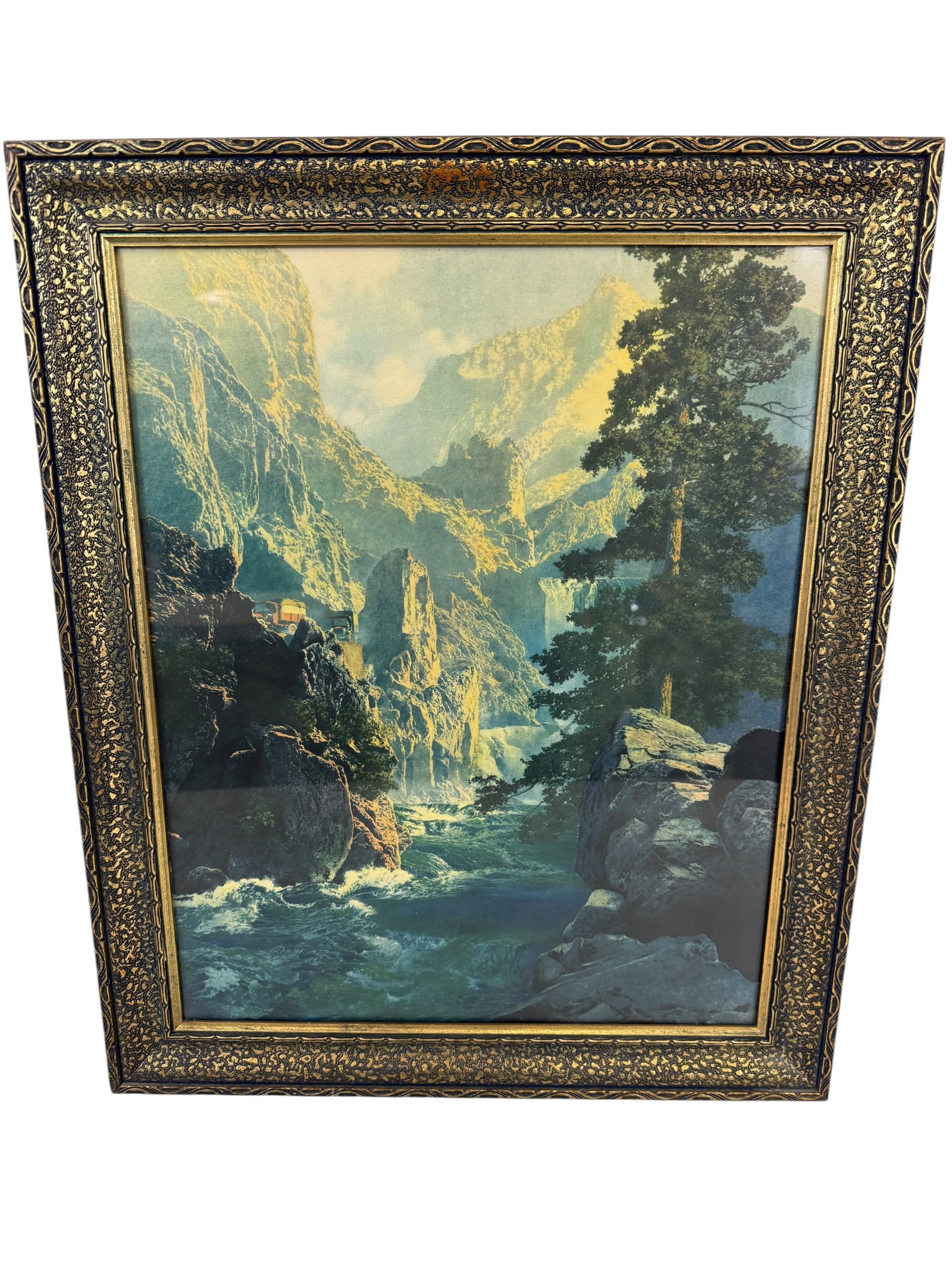 Maxfield Parrish "Spirit of Transportation" Original Print: Image Dimensions: 19.5" x 15.5" Frame Dimensions: 23.75" x 19.75" Artist: Maxfield Parrish (1870-1966) was known for illustration-romanticized scenes and mural painting. Photos are part of the descrip