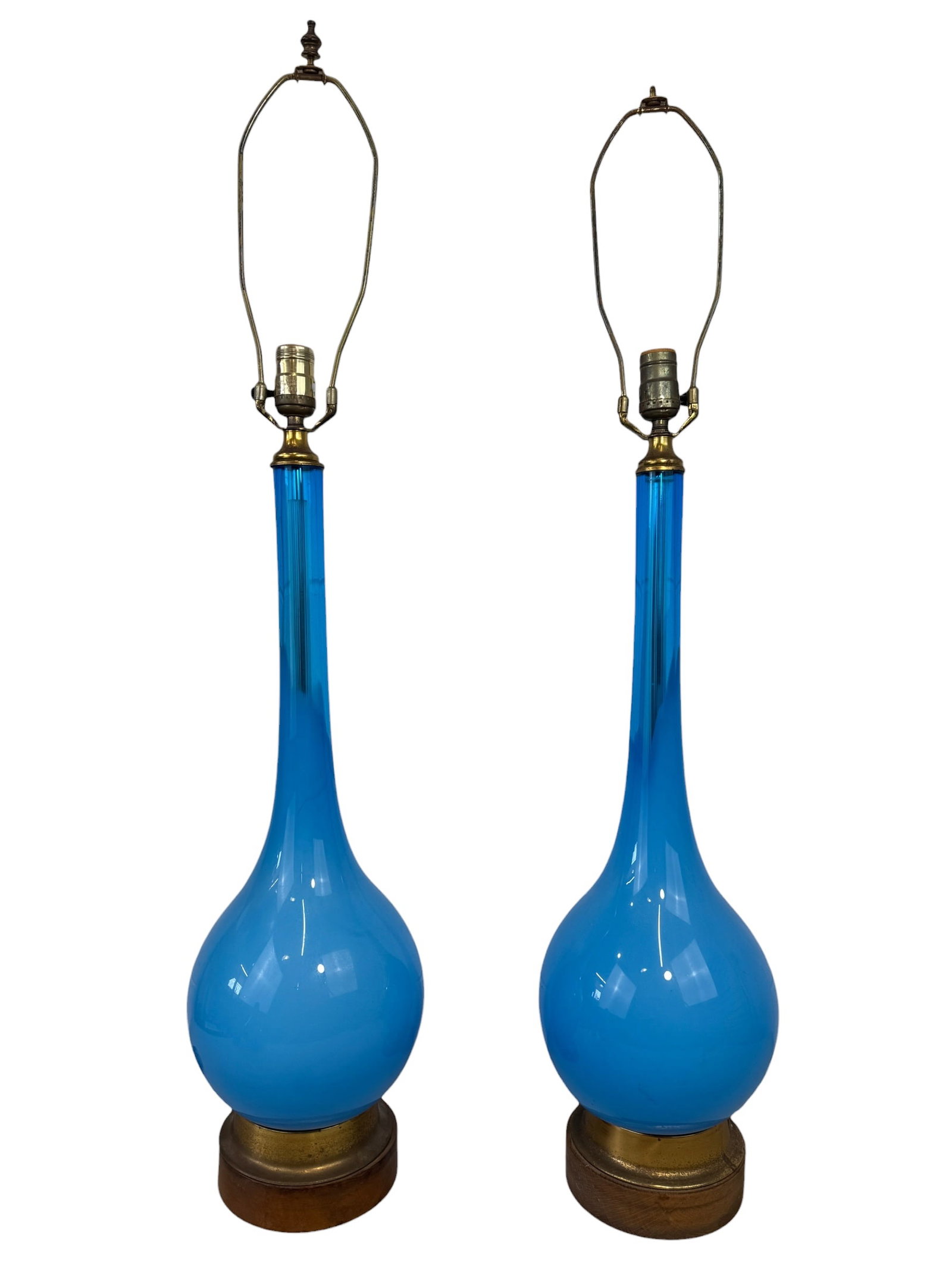 Pair Murano Italian Opaline Blue Glass Tall Table Lamps: No chips or cracks present on the glass. Photos are part of the decsription and should tell the whole story.