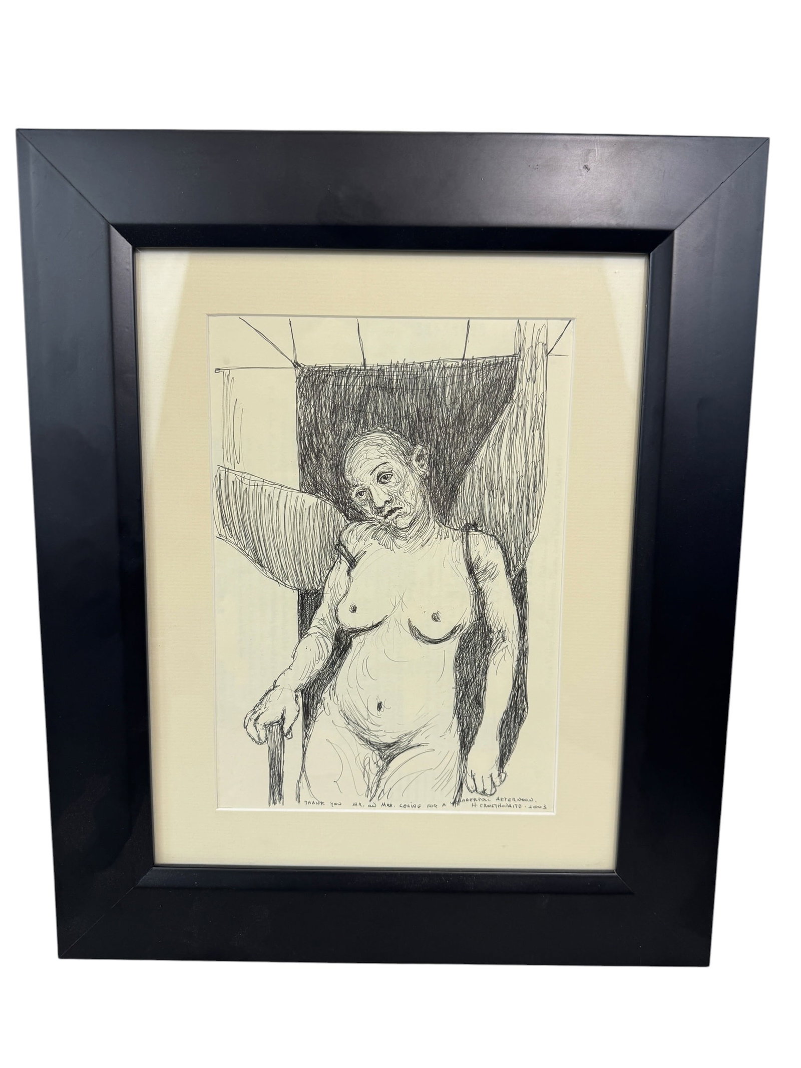 Signed Hugo Crosthwaite Original Drawing circa 2003: Appears to be pen on paper, reads "Thank you Mr. & Mrs. Levine for a wonderful afternoon. H. Crosthwaite 2003." Image Dimensions: 10.75" x 7.5" Frame Dimensions:18" x 15" Photos are part of the decsri