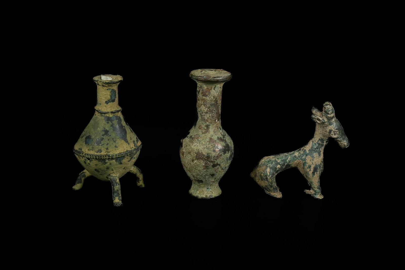 A Lot of Three Chinese Han Dynasty Bronze Vessels and Animal Figure (1 of 2)