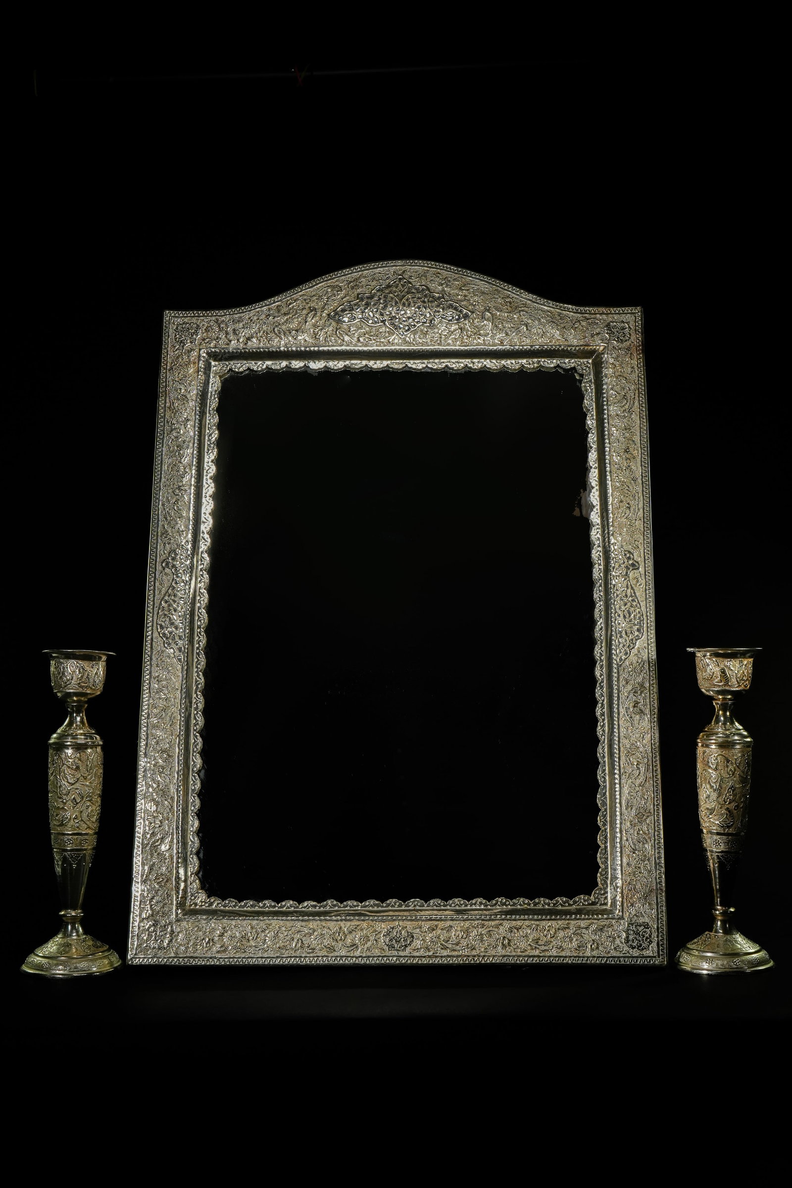 A Persian White Metal Mirror Frame with Matching Pair of Candlesticks (1 of 8)