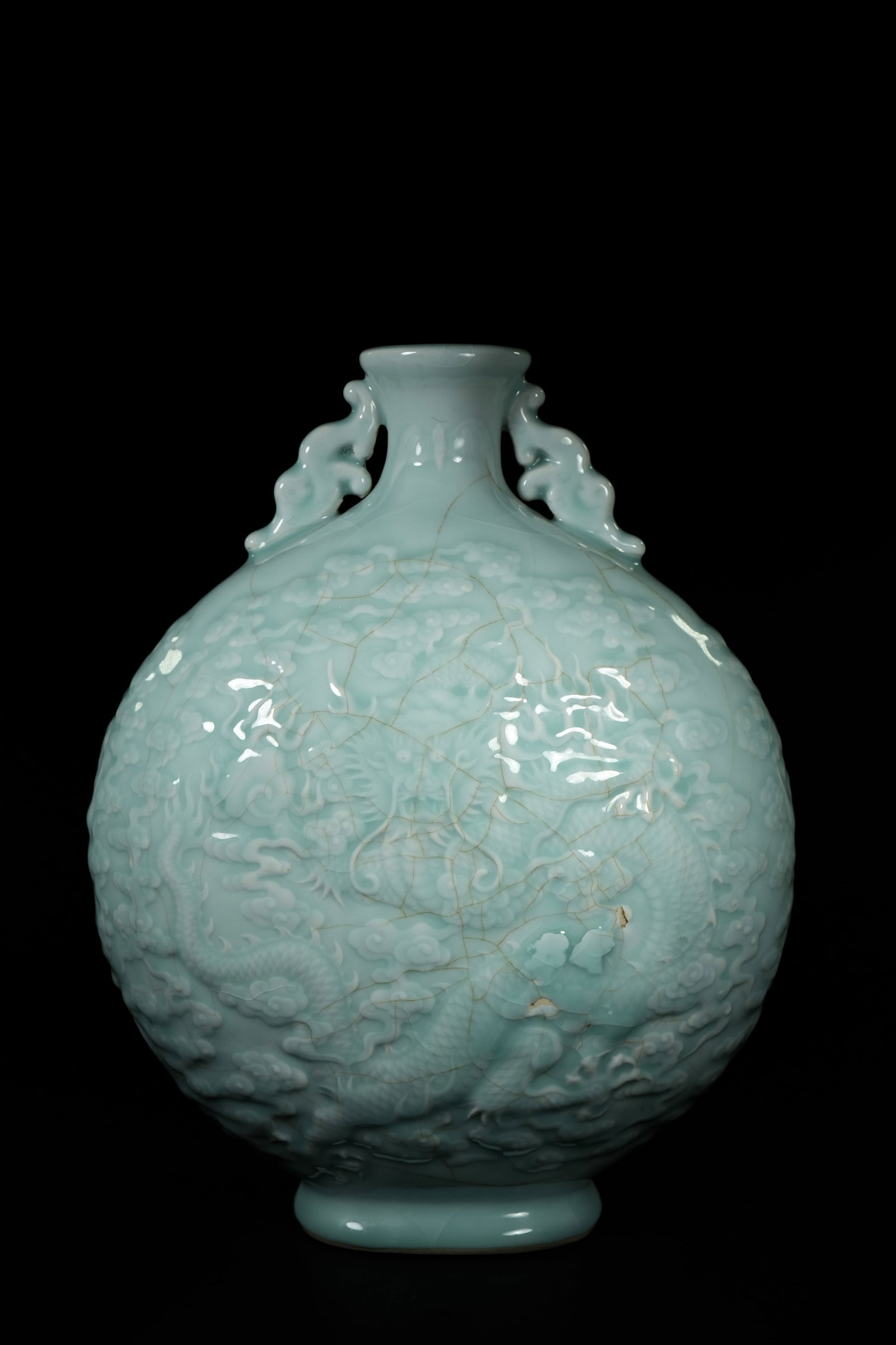A Chinese Celadon Porcelain Moonflask with Raised Dragon Motif, Qianlong Mark (1 of 3)