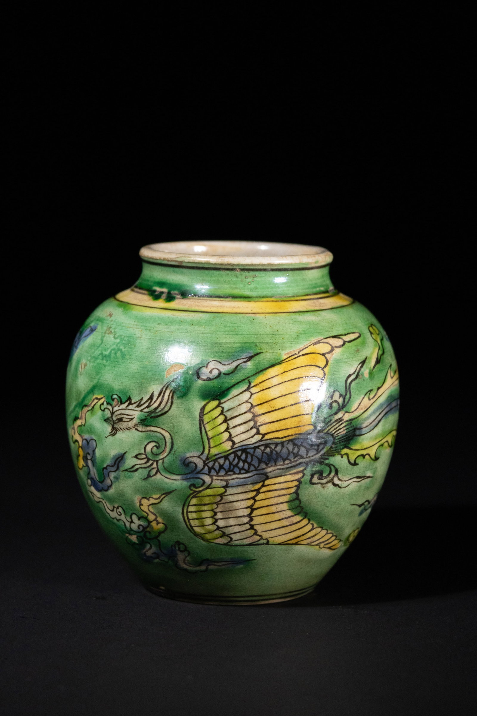 A Chinese Green-Ground Porcelain Brush Pot with Phoenix Motif (1 of 3)