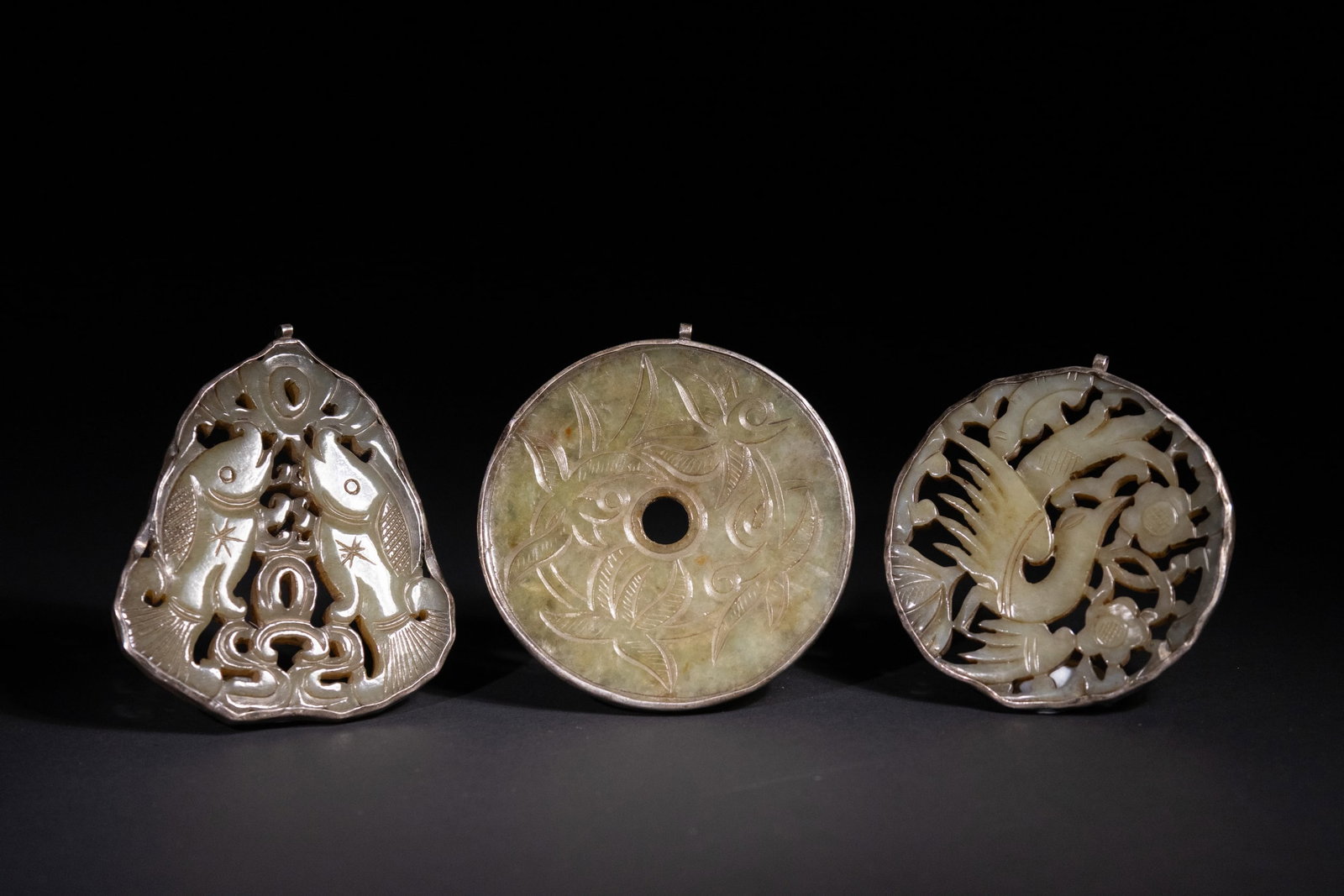A Lot of Three Chinese Jade Pendants with White Metal Mounts (1 of 4)