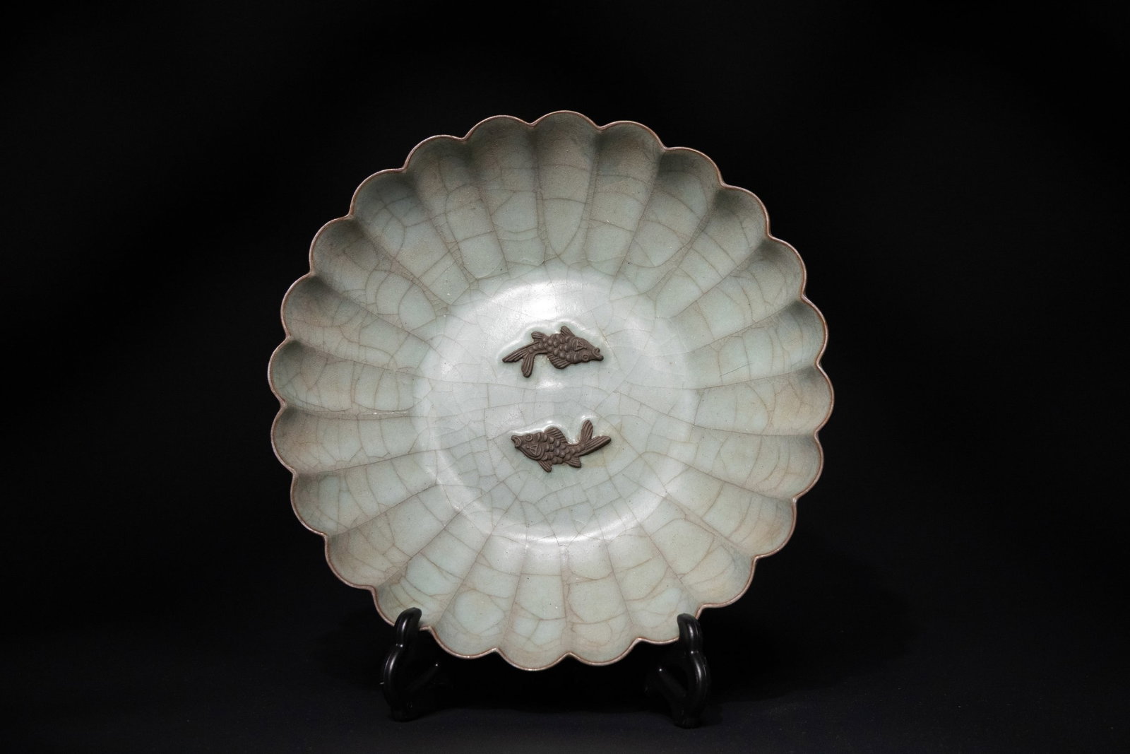 A Chinese Crackled Celadon Dish with Twin Fish Decoration (1 of 2)