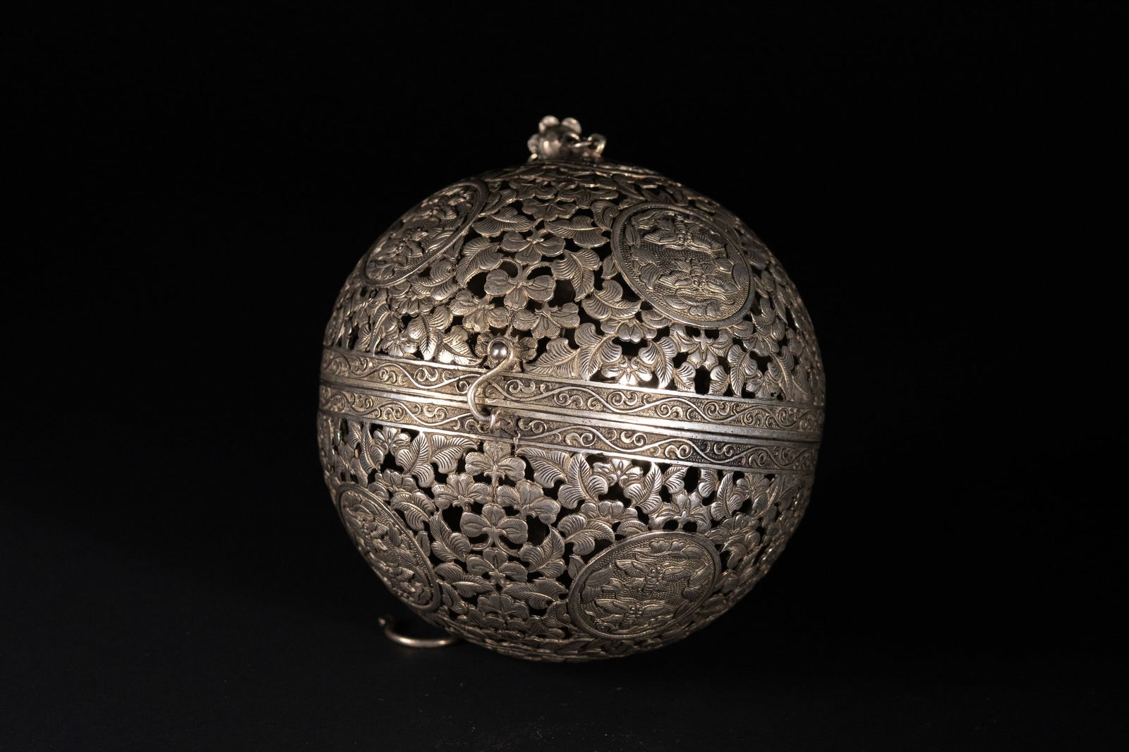 A Chinese White Metal Spherical Travelling Incense Burner (1 of 4)