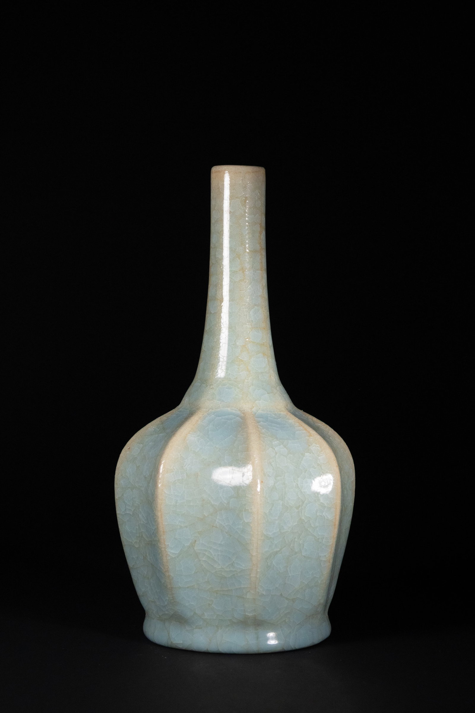 A Chinese Crackled Celadon-Glazed Bottle Vase with Lobed Body (1 of 2)
