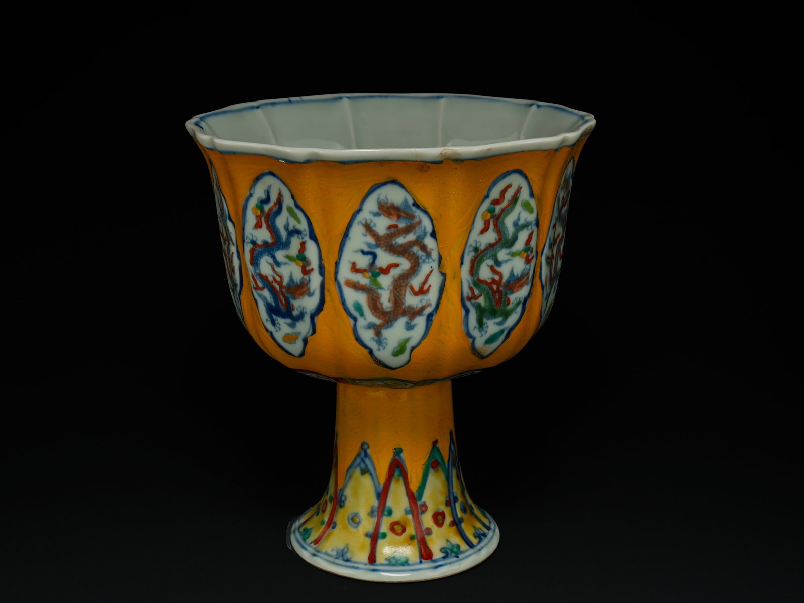 A Chinese Yellow-Ground Polychrome Stem Cup with Dragon Medallions. (1 of 4)