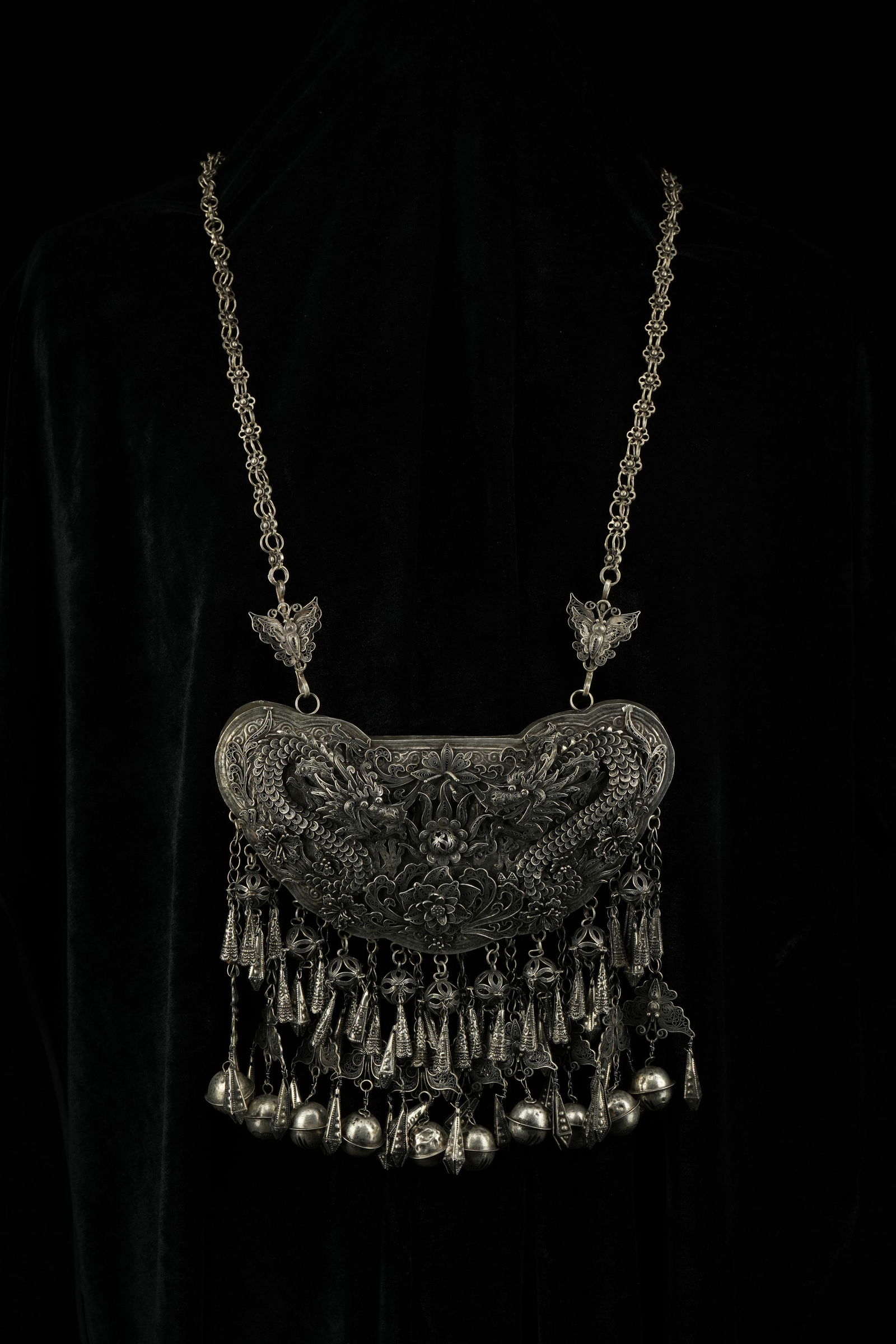 A Chinese White Metal Necklace with Crescent Pendant and Pendant Drops. (1 of 5)