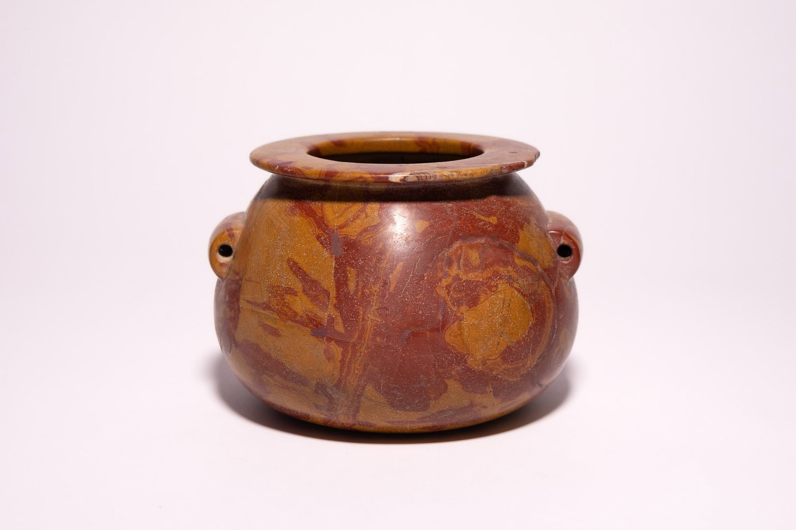 AN EGYPTIAN CARVED RED JASPER (BRECCIATED STONE) STONE LUG-HANDLED JAR, NEW KINGDOMâ€“THIRD (1 of 8)