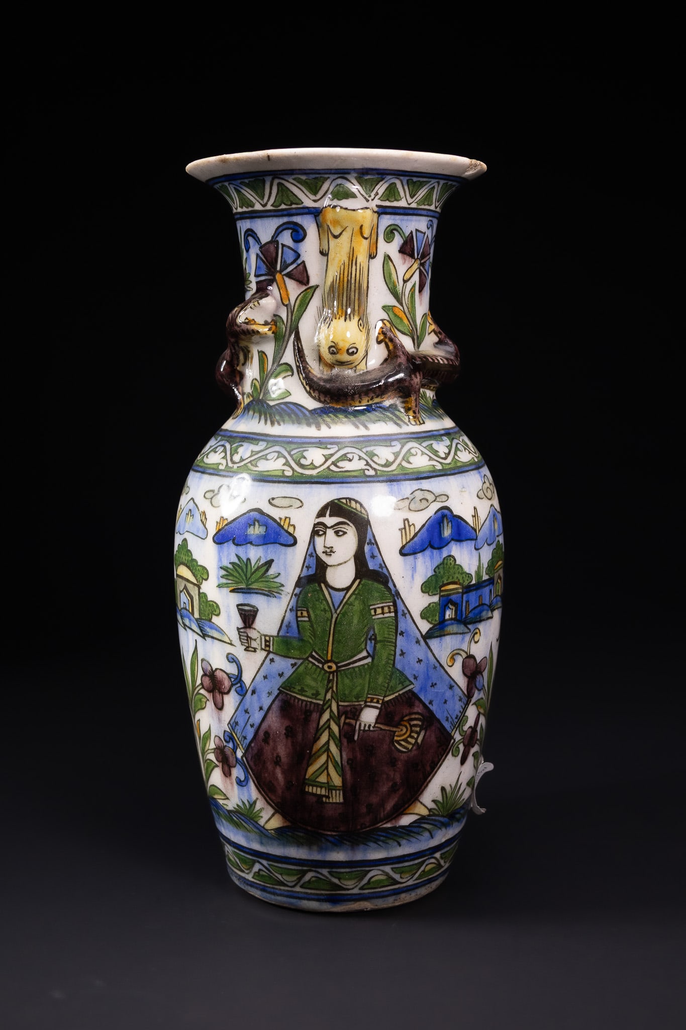 A LARGE QAJAR UNDERGLAZE-PAINTED POTTERY VASE, PERSIA, 19TH CENTURY. (1 of 5)