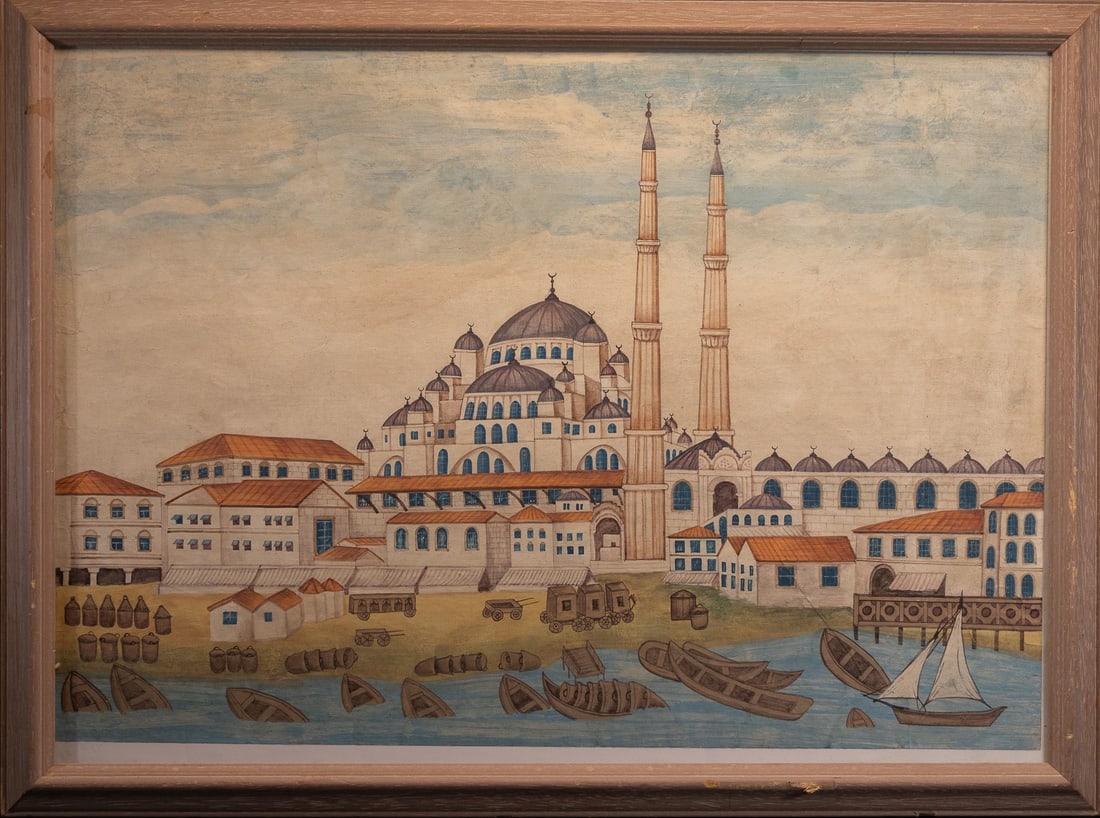OTTOMAN SCHOOL, 19TH CENTURY, A TOPOGRAPHICAL VIEW OF A MOSQUE IN CONSTANTINOPLE. (1 of 1)