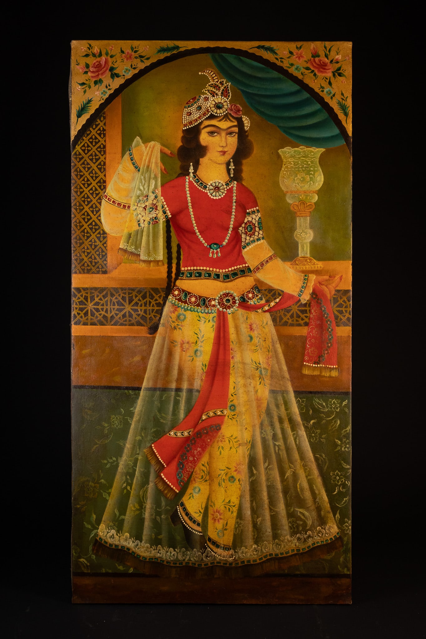 PERSIAN SCHOOL, 19TH CENTURY, A QAJAR STYLE OIL PAINTING OF A FEMALE DANCER. (1 of 1)