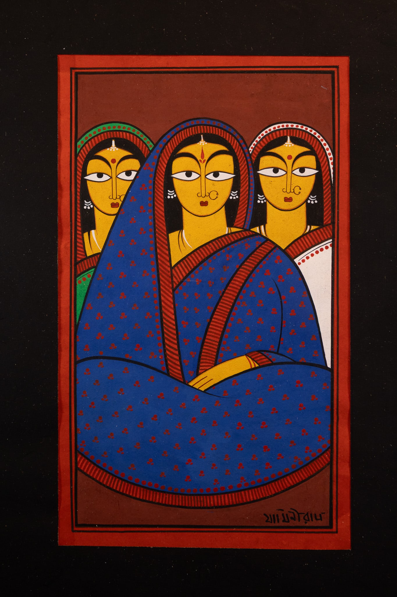 JAMINI ROY (INDIAN, 1887-1972) 'UNTITLED (THREE WOMEN)' (SIGNED).: Jamini Roy (Indian, 1887-1972). A painting on paper executed in an opaque medium, likely gouache or tempera. The composition depicts three female figures in traditional saris, rendered in the artist's