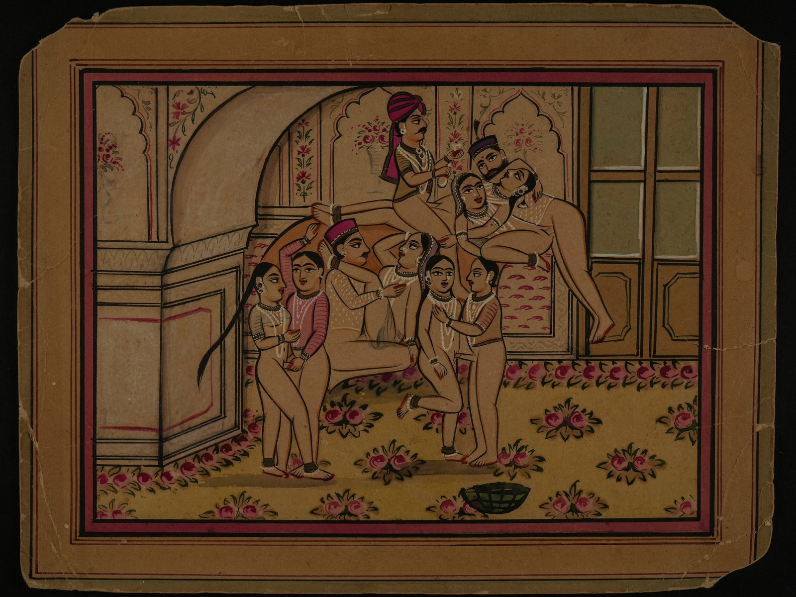 AN INDIAN EROTIC MINIATURE PAINTING DEPICTING A COURTLY HAREM SCENE, 19TH CENTURY. (1 of 1)