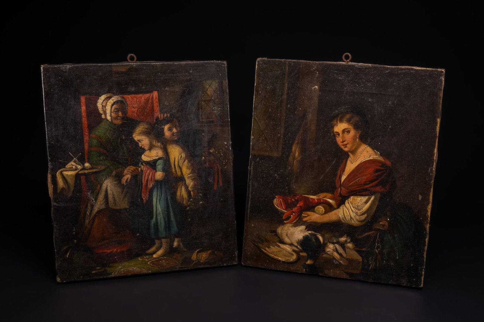 A PAIR OF NORTHERN EUROPEAN SCHOOL OIL ON CANVAS DOMESTIC GENRE SCENES, 19TH CENTURY. (1 of 2)