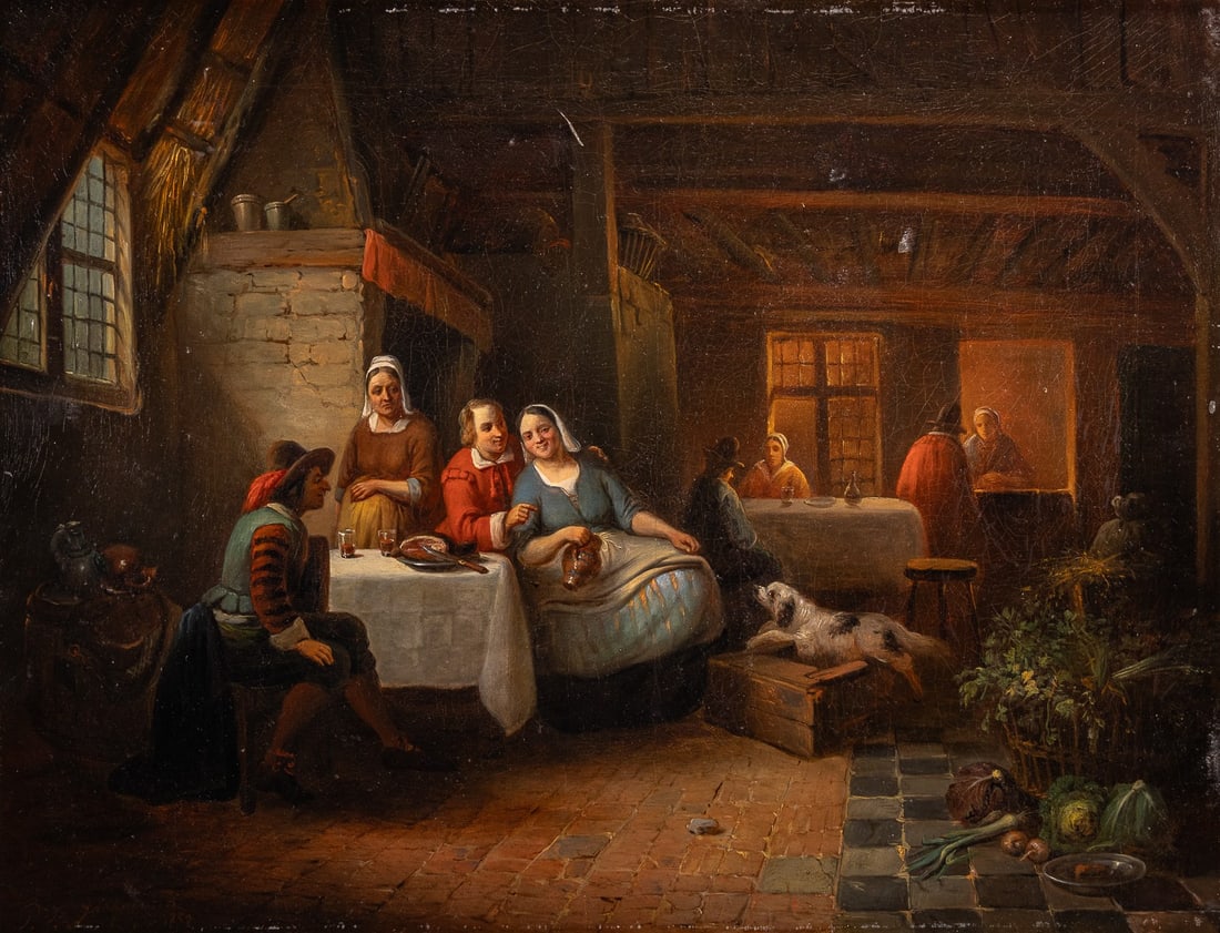 D. H. VAN EEMSKERK (19TH CENTURY), TAVERN INTERIOR WITH FIGURES AND STILL LIFE, 1852. (1 of 4)