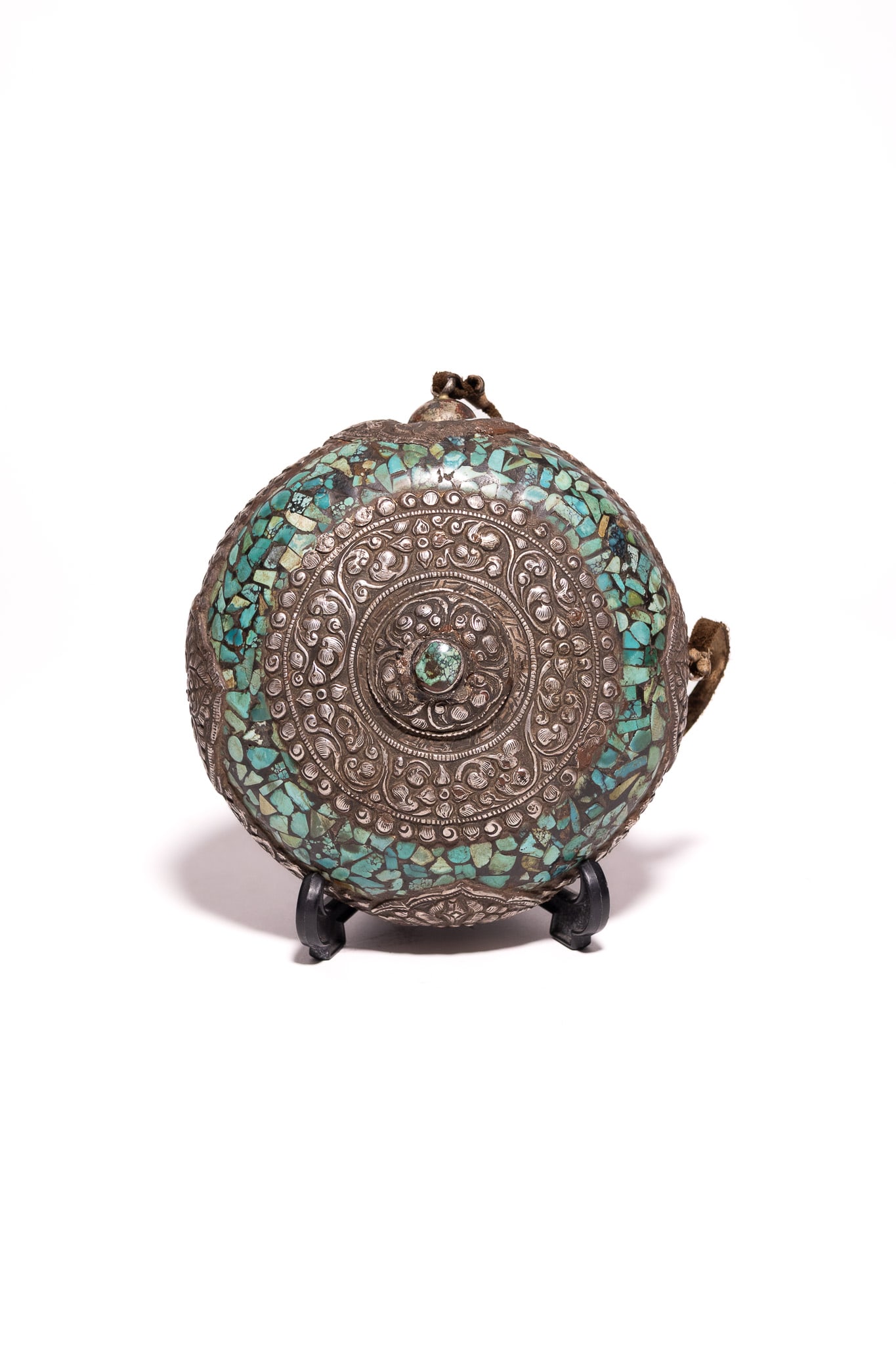 A TIBETAN TURQUOISE-INLAID SILVERED METAL RITUAL FLASK, (1 of 4)