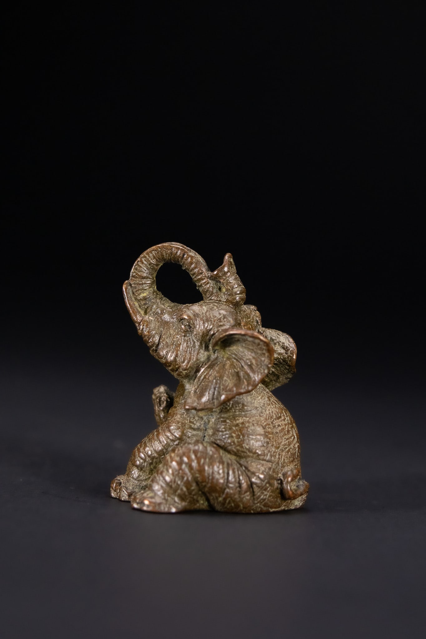 A JAPANESE BRONZE OKIMONO OF A SEATED ELEPHANT. (1 of 4)
