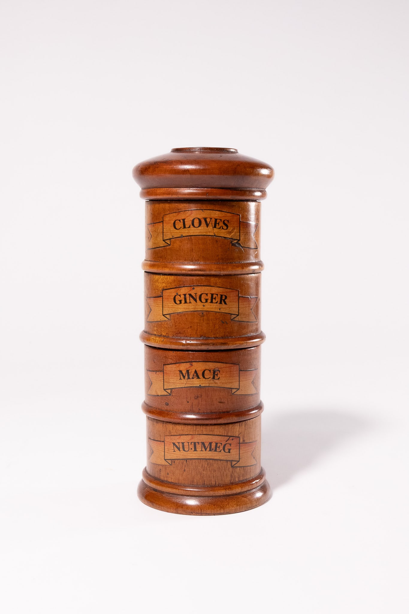 A GEORGIAN STYLE TURNED WOOD â€?TOWERâ€? SPICE RACK WITH FOUR COMPARTMENTS. (1 of 2)