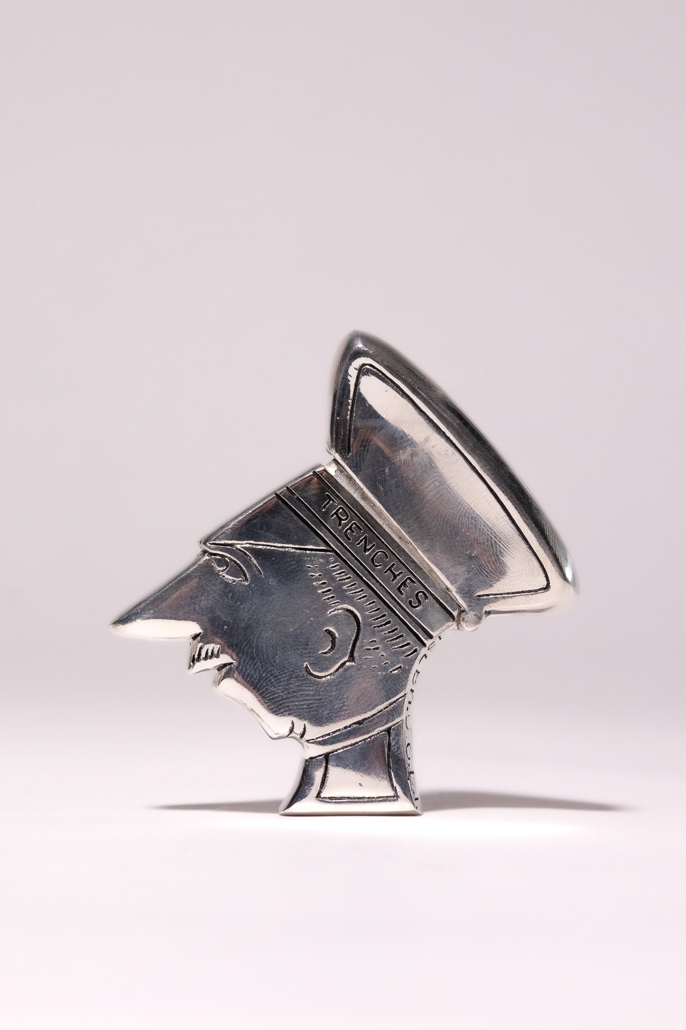 A FIRST WORLD WAR SILVER-PLATED OLD BILL NOVELTY VESTA CASE, 'YPRES 1915 TRENCHES'. (1 of 2)