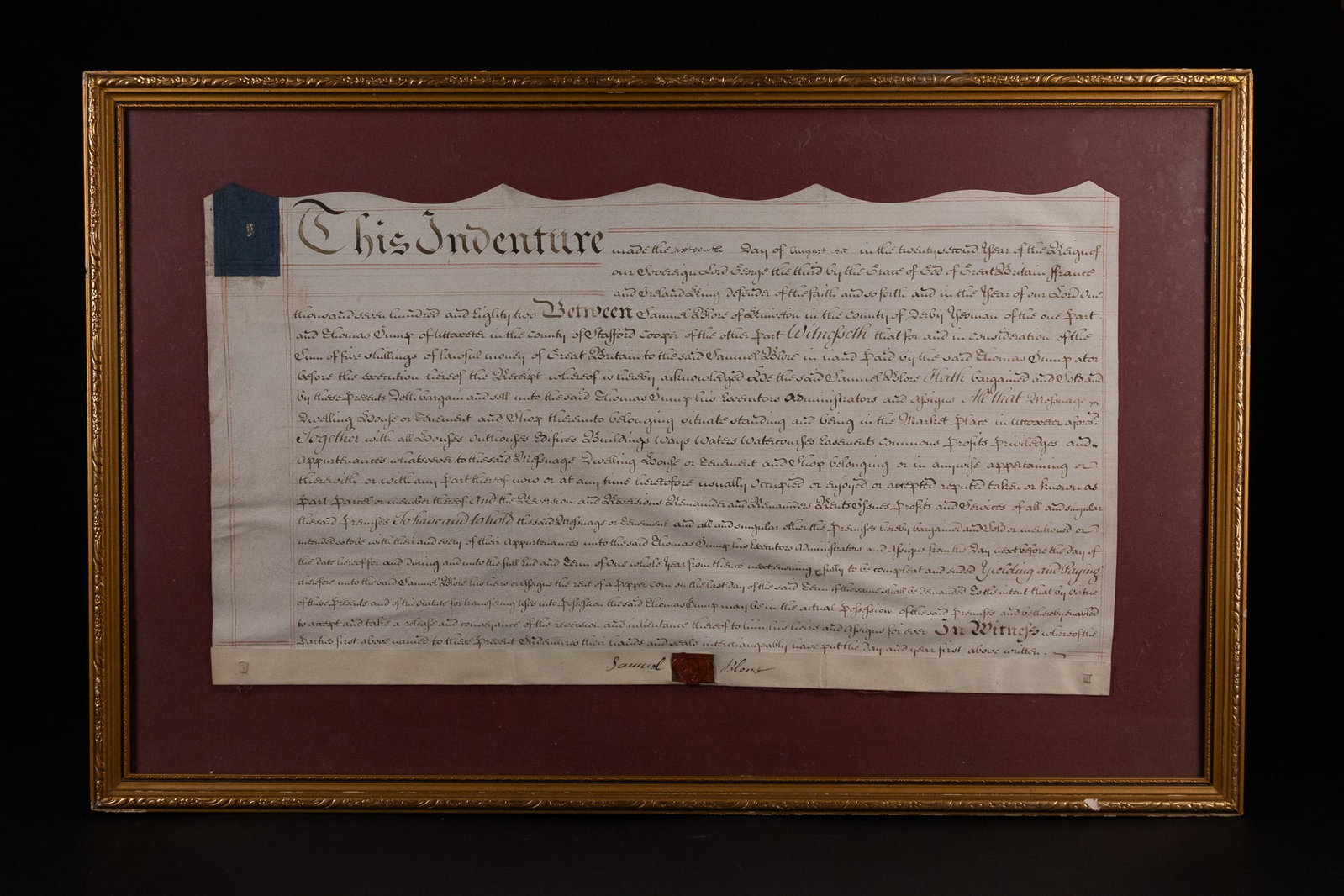 SHORE, SAMUEL. INDENTURE FOR A SHOP IN UTTOXETER, STAFFORDSHIRE. 1782. MANUSCRIPT ON VELLUM. (1 of 1)