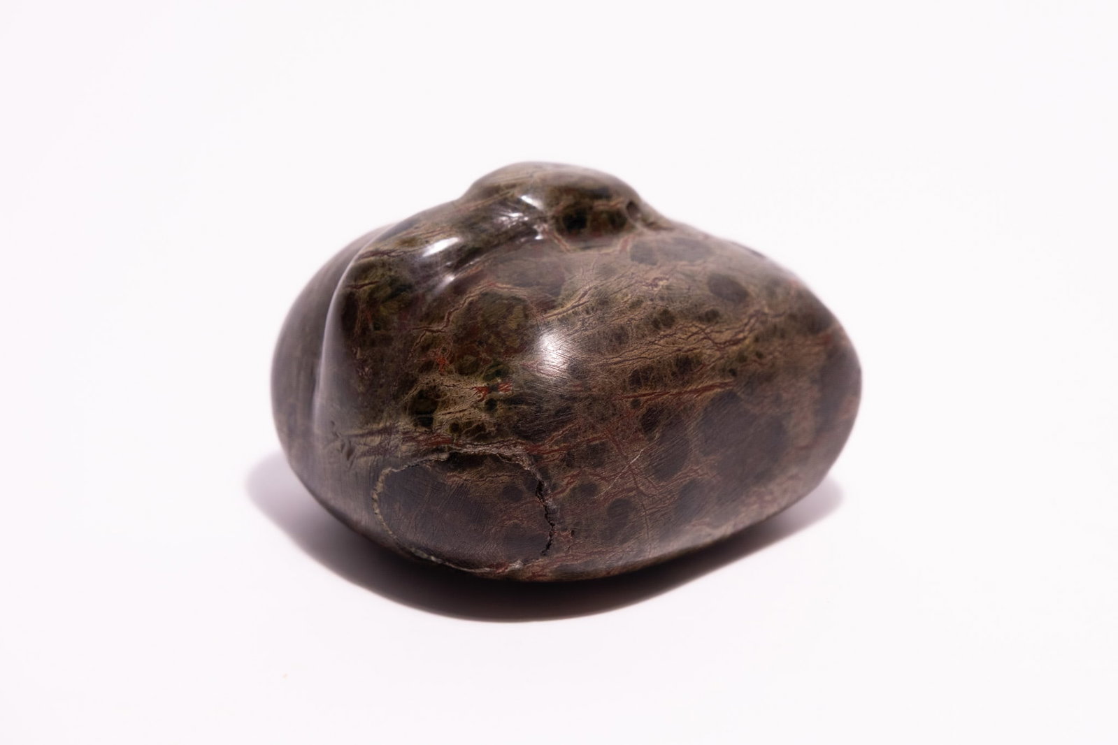 AN EGYPTIAN STONE DUCK-FORM WEIGHT OR AMULET, POSSIBLY ANCIENT.: An Egyptian-style carved stone object modelled in the form of a recumbent duck or waterfowl, the compact rounded body with a stylised head resting along the back. Carved from a dark brown stone with r
