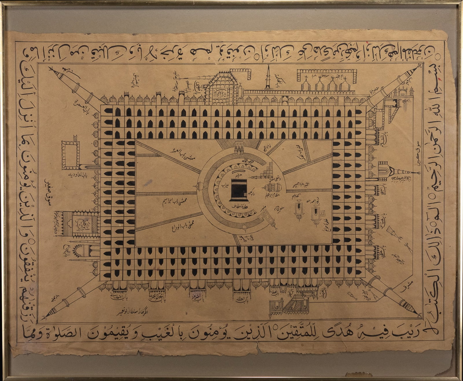 AN OTTOMAN DIAGRAMMATIC PLAN OF THE MASJID AL-HARAM WITH THE KAABA, INK ON PAPER.: A detailed Ottoman-era schematic depiction of the Masjid al-Haram in Mecca, centred on the Kaaba within its surrounding courtyard. The composition is rendered in fine black ink, presenting the mosque�