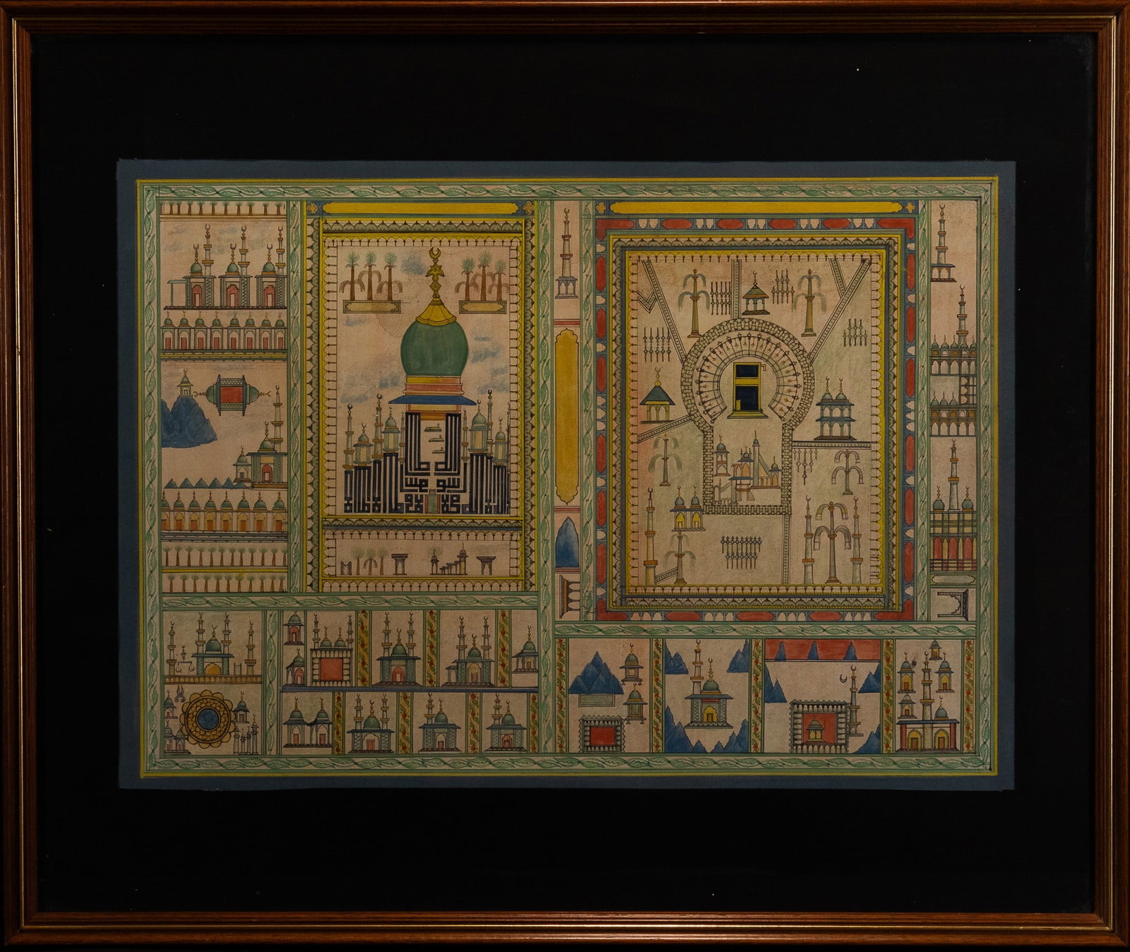 AN ISLAMIC PAINTING DEPICTING MECCA AND MEDINA WITH THE KAABA AND THE PROPHET'S MOSQUE, LATE 19TH - (1 of 1)