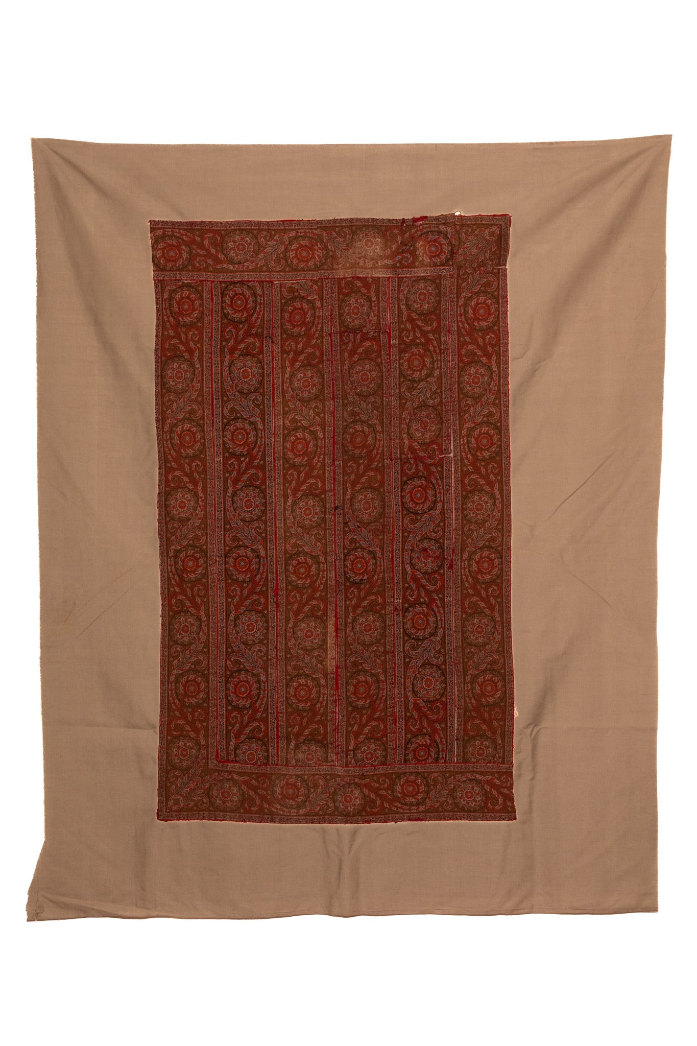 A KASHMIR KANI WOVEN WOOL SHAWL PANEL FRAGMENT, MID-19TH CENTURY. (1 of 3)