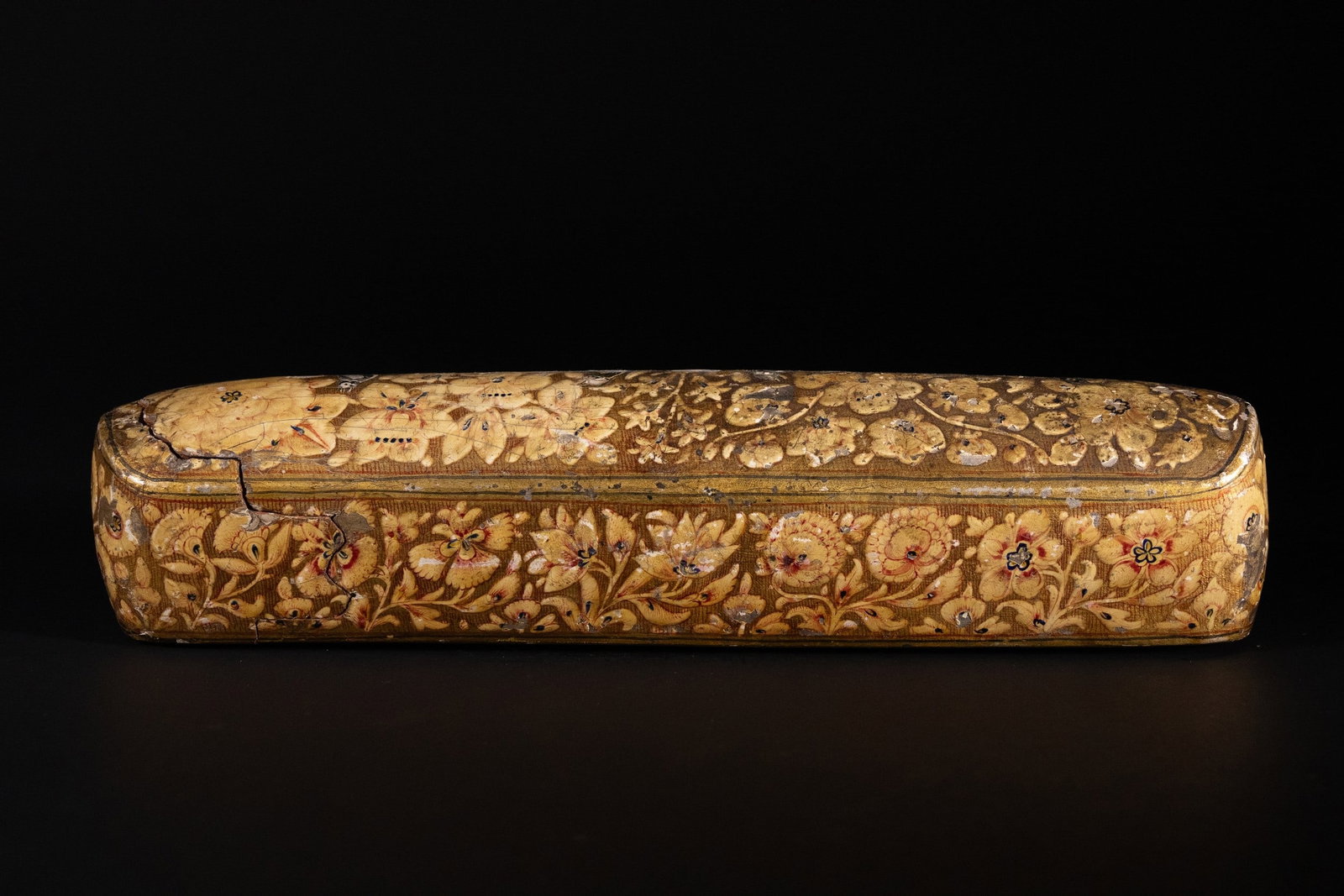 A LARGE INDIAN PAPIER-M?‚CH?‰ QALAMDAN PEN CASE WITH GILDED FLORAL AND BIRD MOTIFS, 19TH (1 of 7)