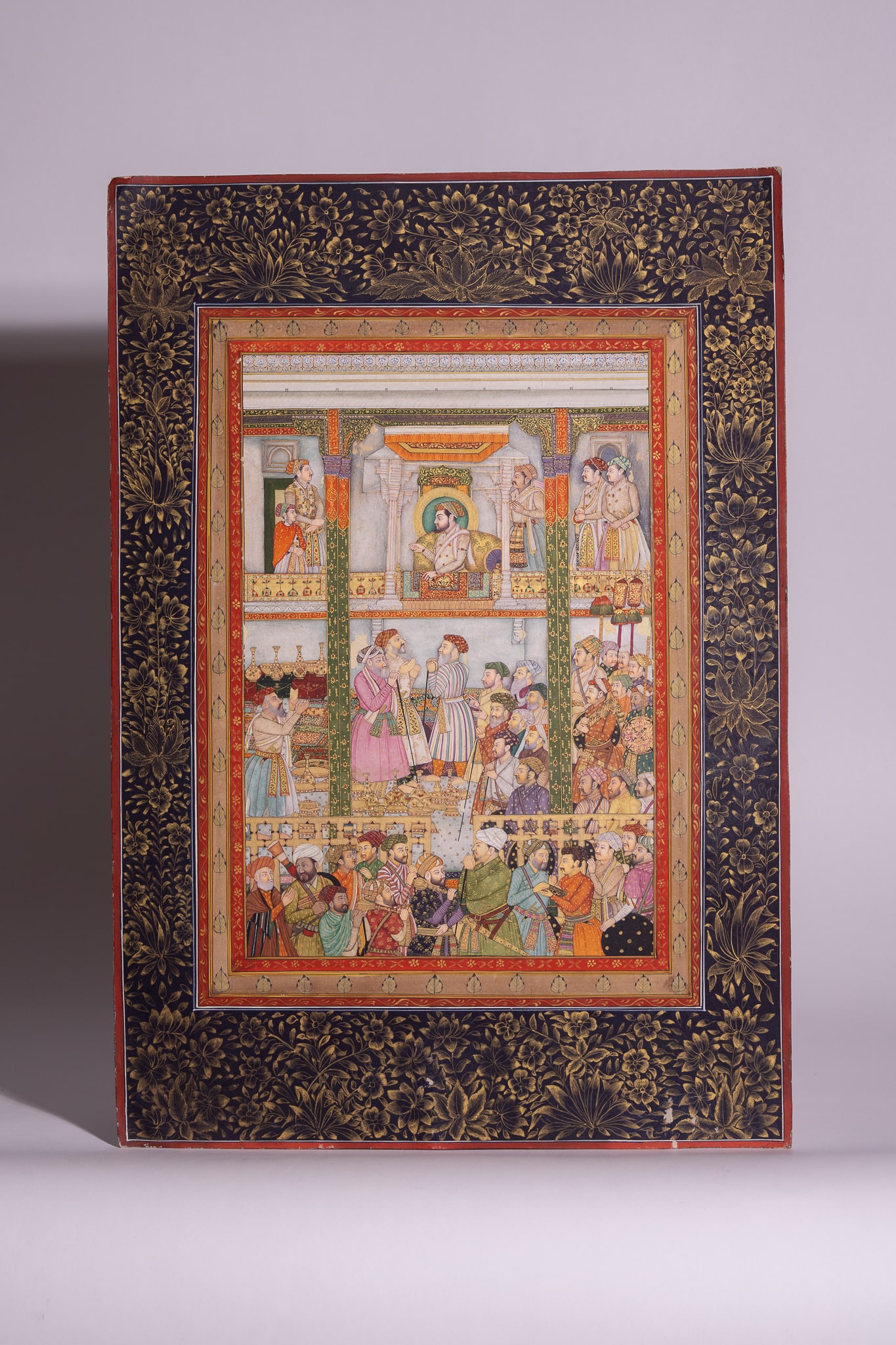 INDIAN SCHOOL 19TH CENTURY, MUGHAL EMPEROR SHAH JAHAN IN DURBAR SCENE MINIATURE PAINTING. (1 of 3)