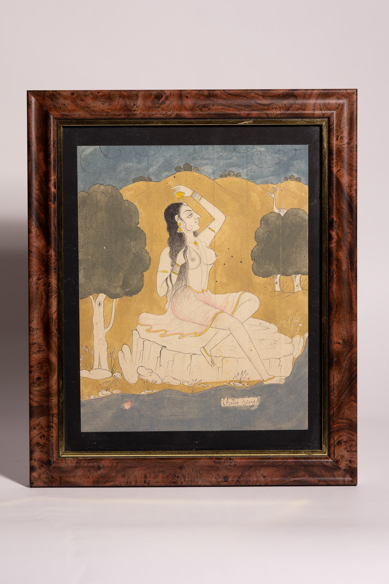 CHATAR SINGH, INDIAN MINIATURE PAINTING OF A SEATED NAYIKA. (1 of 2)