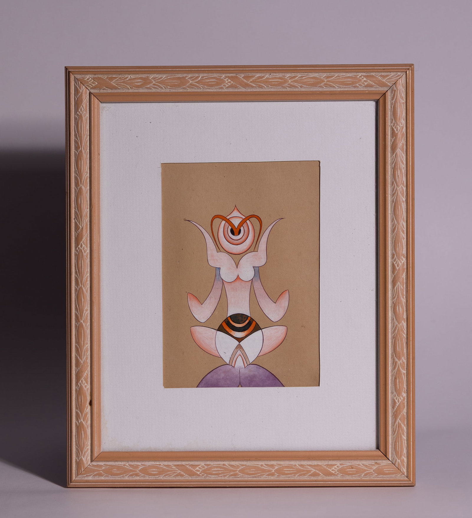 GHULAM RASOOL SANTOSH (INDIAN, 1929-1997), ABSTRACT HUMANOID FIGURE IN MEDIATION.: This ink and watercolour drawing on toned paper depicts a highly stylized, symmetrical abstract humanoid figure in a meditative pose. The composition is characteristic of the Neo-Tantric art movement,