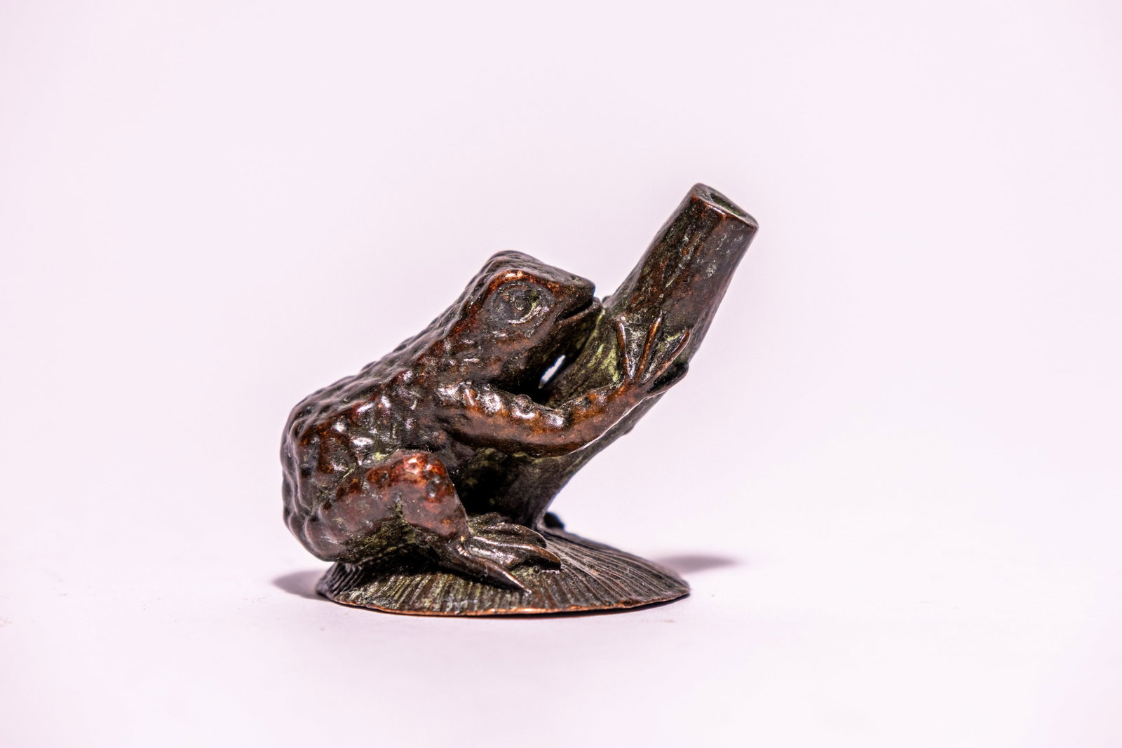 A JAPANESE BRONZE FROG AND PLANT STEM OKIMONO.: A small, naturalistically cast bronze figure of a toad or frog, depicted in a climbing pose clinging to a hollow, tapering plant stem. The frog features a textured surface with warty skin. The entire 