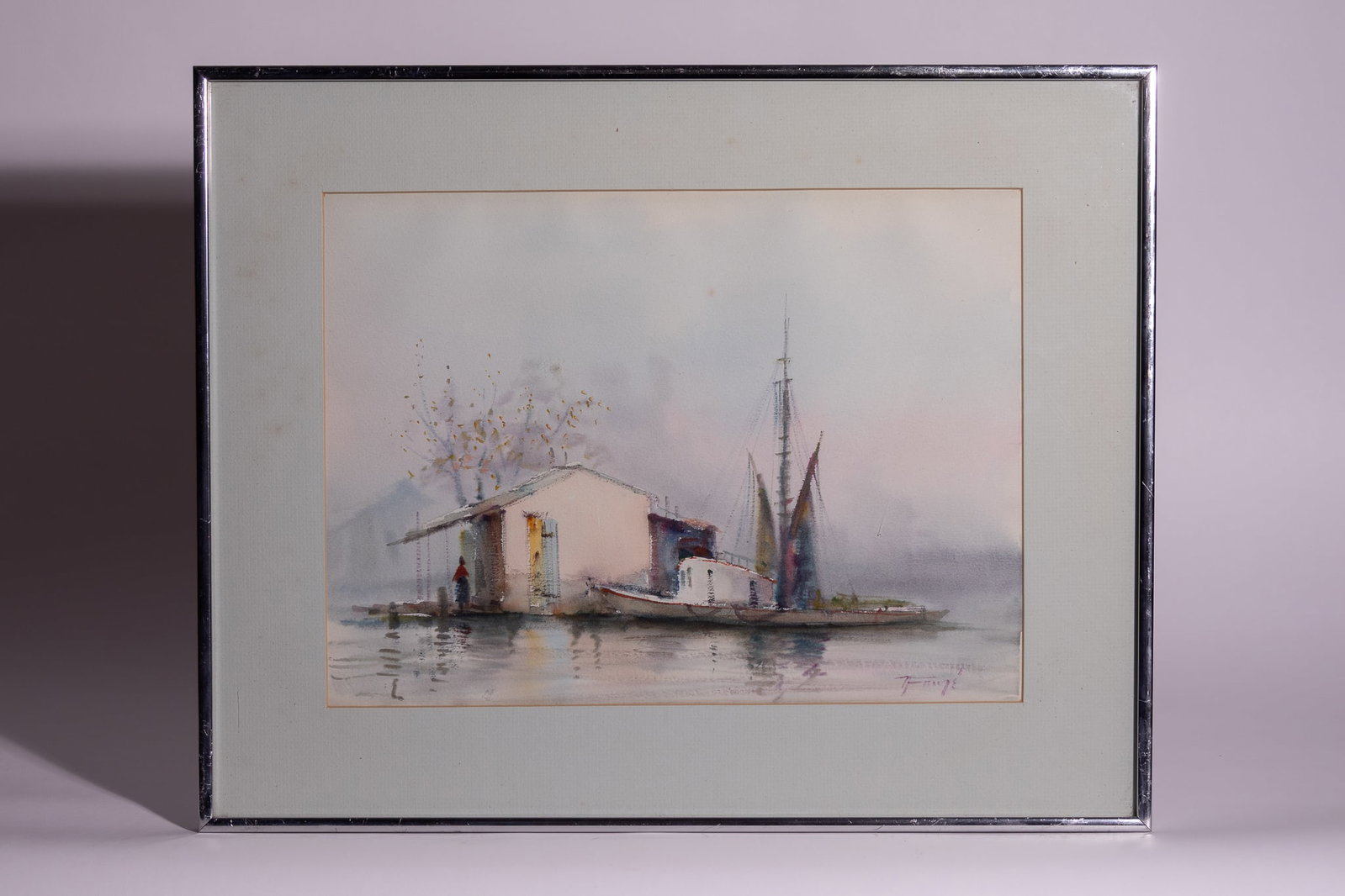 NESTOR HIPPOYLE FRUGE (AMERICAN, 1914-2012), BOAT BESIDE A COTTAGE IN THE MARSHES, WATERCOLOUR ON (1 of 1)