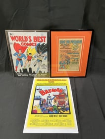 Batman & DC Classics Lot (3 items): World's Best Comics Facsimile; Vintage DC Ad Poster (framed);