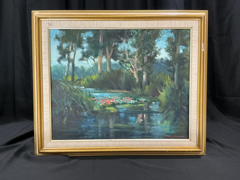 Bishop Water Lilys by Darwin Duncan: Beautiful original oil painting on canvas by acclaimed California artist Darwin Duncan (1905–2002). Titled 'Bishop Water Lilys,' this tranquil landscape captures a serene pond surrounded by lush gre