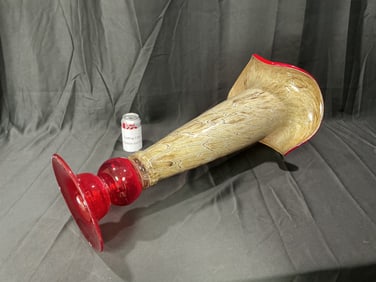 Large Murano-Style Hand-Blown Red and Amber Art Glass Vase