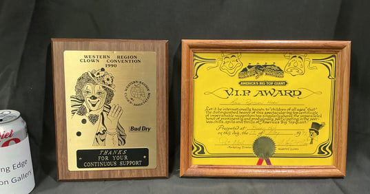 Pair of Vintage Clown Awards: 1990 Western Region & 1992 Circus Vargas VIP