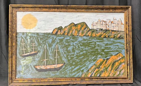 Kalish -Coastal Village with Sailboats, Mid-Century Oil Painting