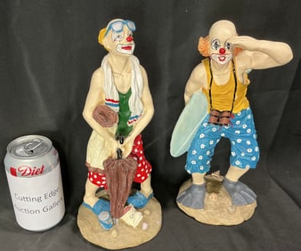 Pair of Beach Clown Figurines -Surfer & Tourist Theme