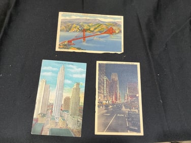 Set of Three Early 20th-Century American Landmark Postcards Golden Gate Bridge, Rockefeller Center,