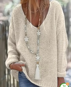 Beige Knit V-Neck Pullover Sweater, Size Medium