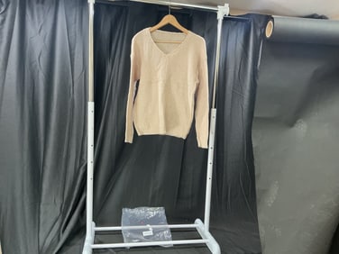 Beige Knit V-Neck Pullover Sweater, Size Large